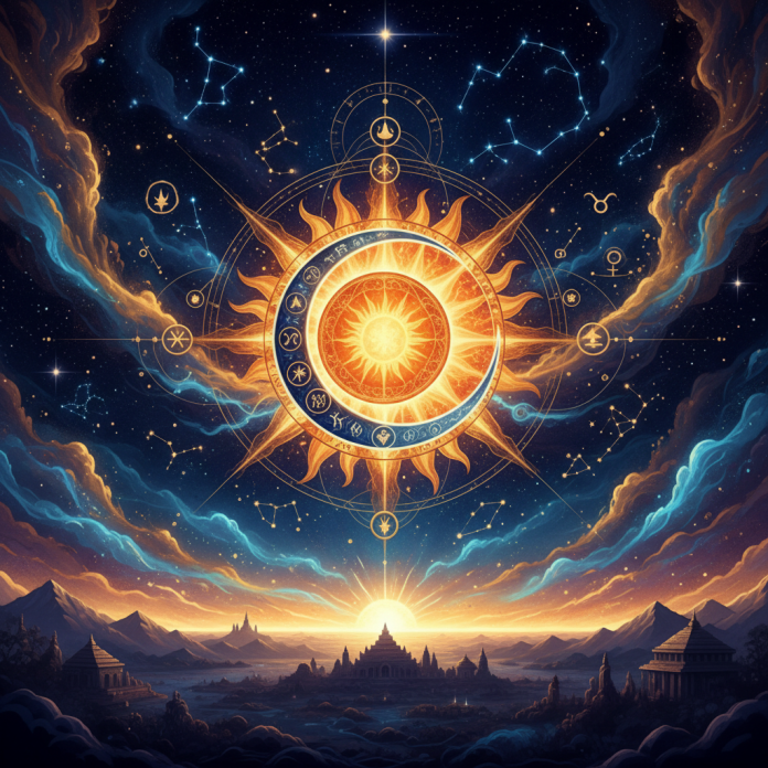 Illustration of Sun, Moon and Rising signs for astrology guide