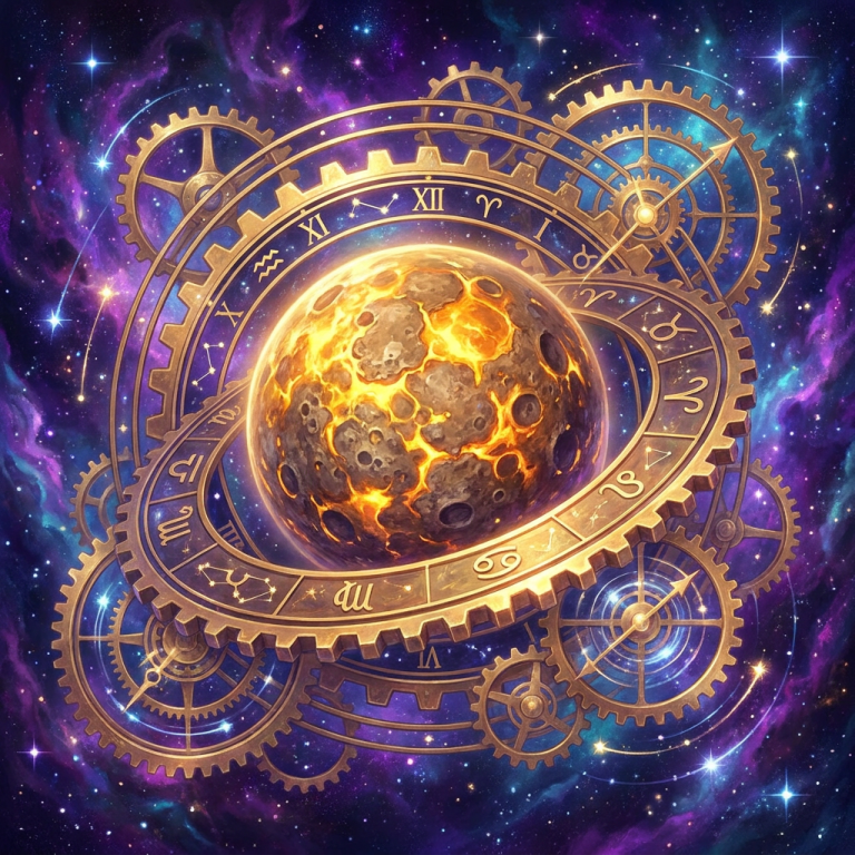 A mystical illustration of planet Mercury with astrological gears in space